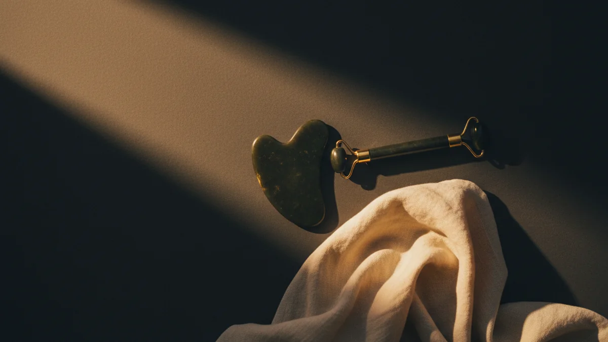A jade gua sha stone and a stone facial roller with gold fittings, on a dark surface with crumpled cream linen beneath them, lit by a warm shaft of light