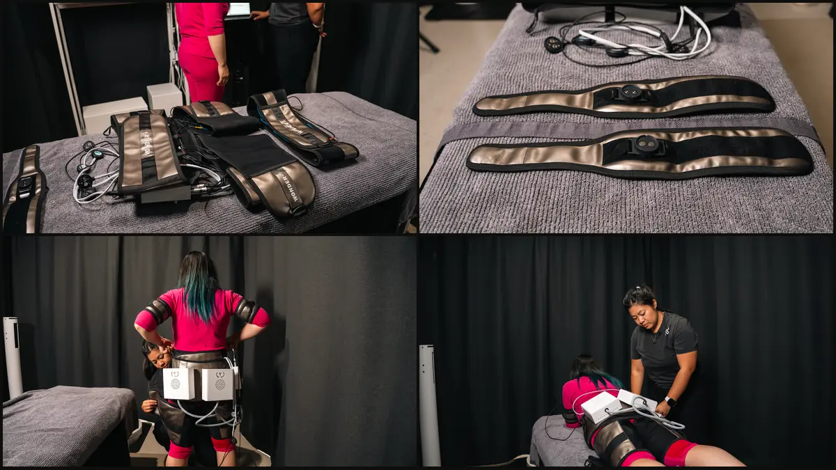 WonderAxon EMS body sculpting at Kaizen Therapy — equipment laid out, EMS pads close-up, client wearing the suit, and practitioner delivering treatment