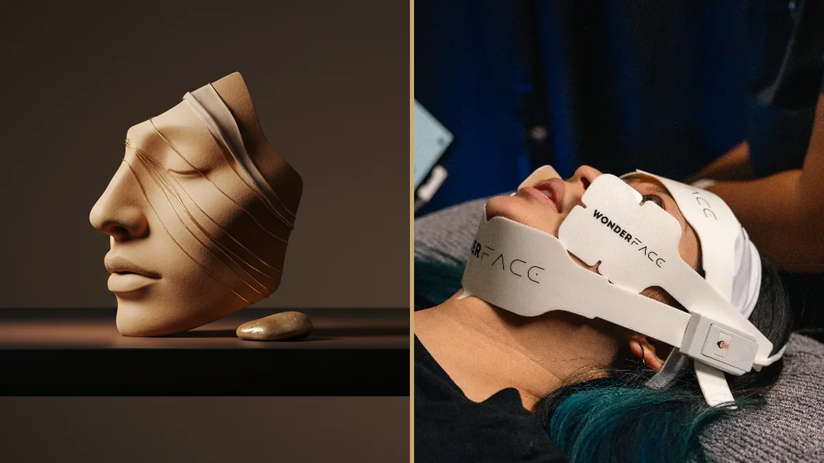 Split image: a sculptural face representing facial contouring beside a client receiving a non-surgical WonderFace treatment at Kaizen Therapy in Bentleigh, Melbourne
