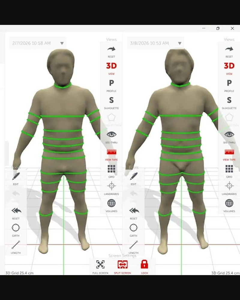Side-by-side Styku 3D body scan comparison of the same client one month apart (7 February 2026 versus 8 March 2026), showing reduced waist circumference and tighter midsection