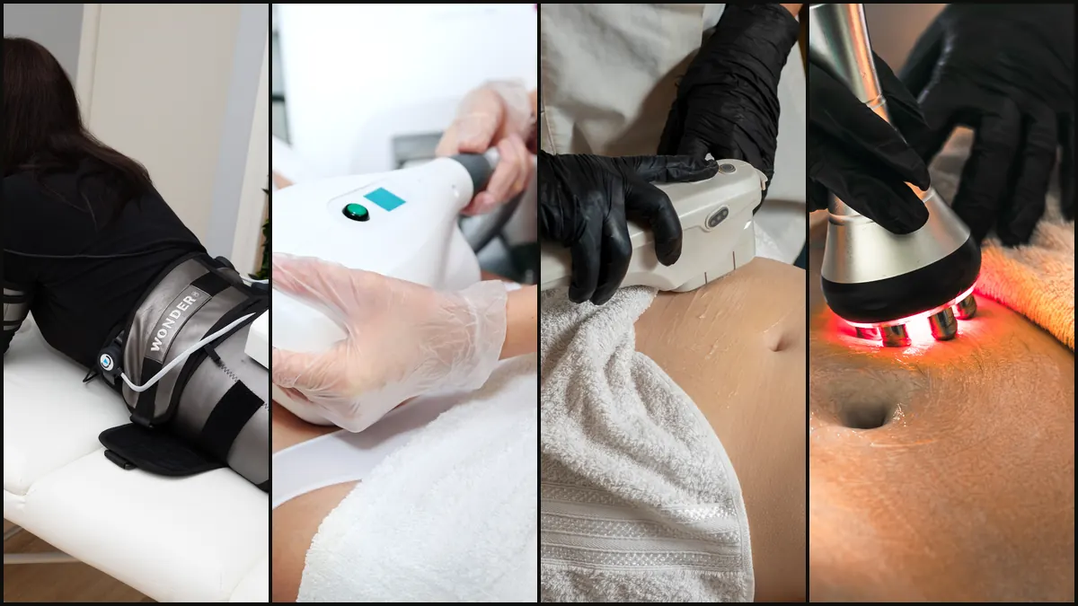 Four body sculpting technologies compared — EMS, fat freezing, HIFU, and ultrasound cavitation