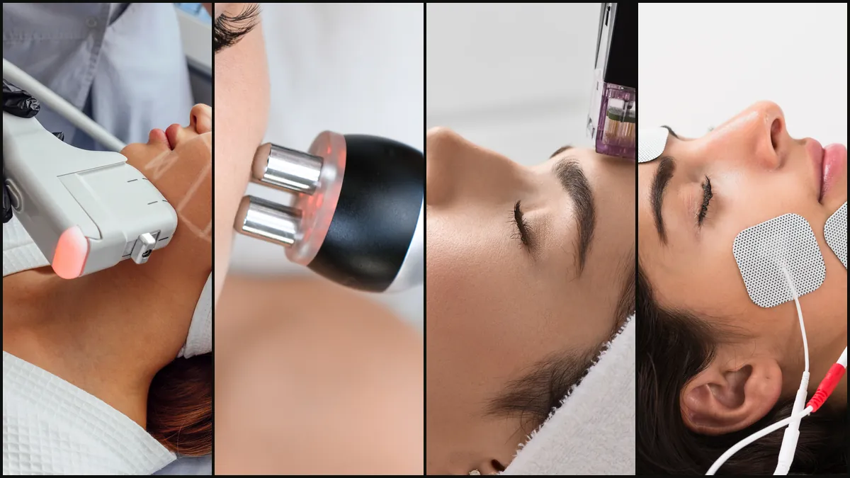 Four energy-based facial treatments side by side: HIFU, RF, RF microneedling, and EMS