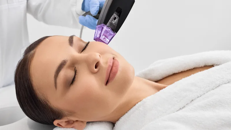 RF microneedling stamping device positioned on the temple