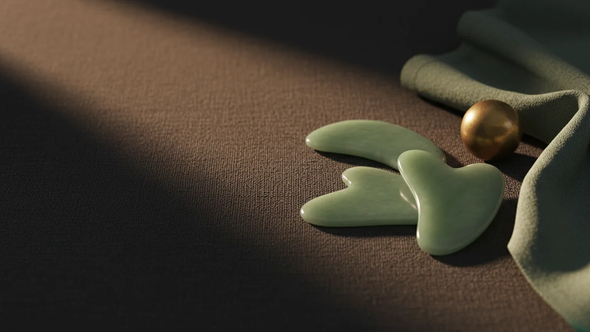 Two jade gua sha stones and a folded sage cloth beside a small brass sphere on dark linen, in the low-key editorial style of Kaizen Therapy in Bentleigh, Melbourne