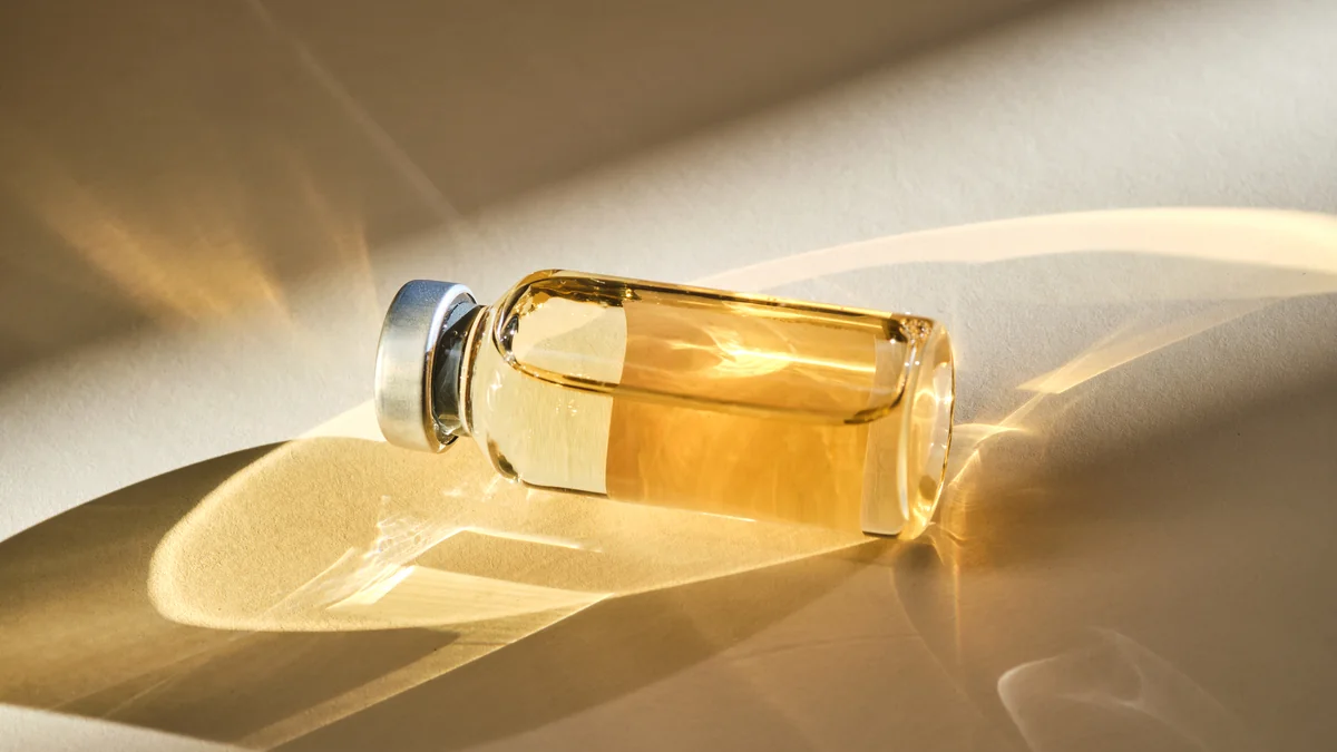 A glass vial of golden peptide serum in warm light, a guide to peptides for loose skin
