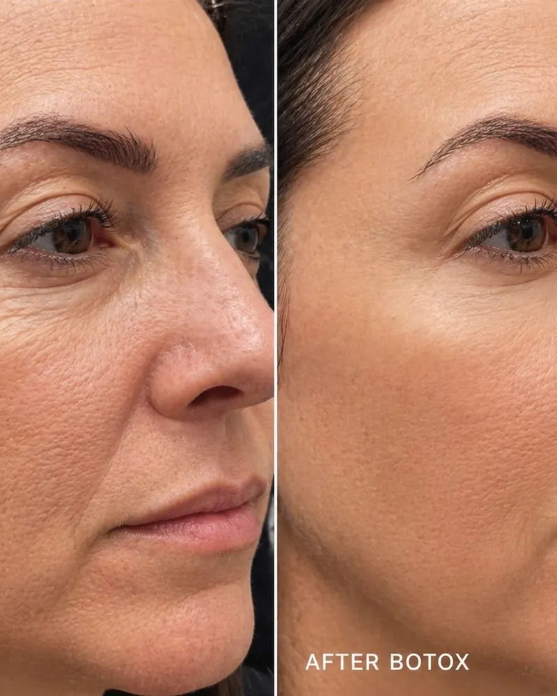 Real before-and-after of botulinum toxin treatment around the eye and forehead area showing reduced fine line depth on the right